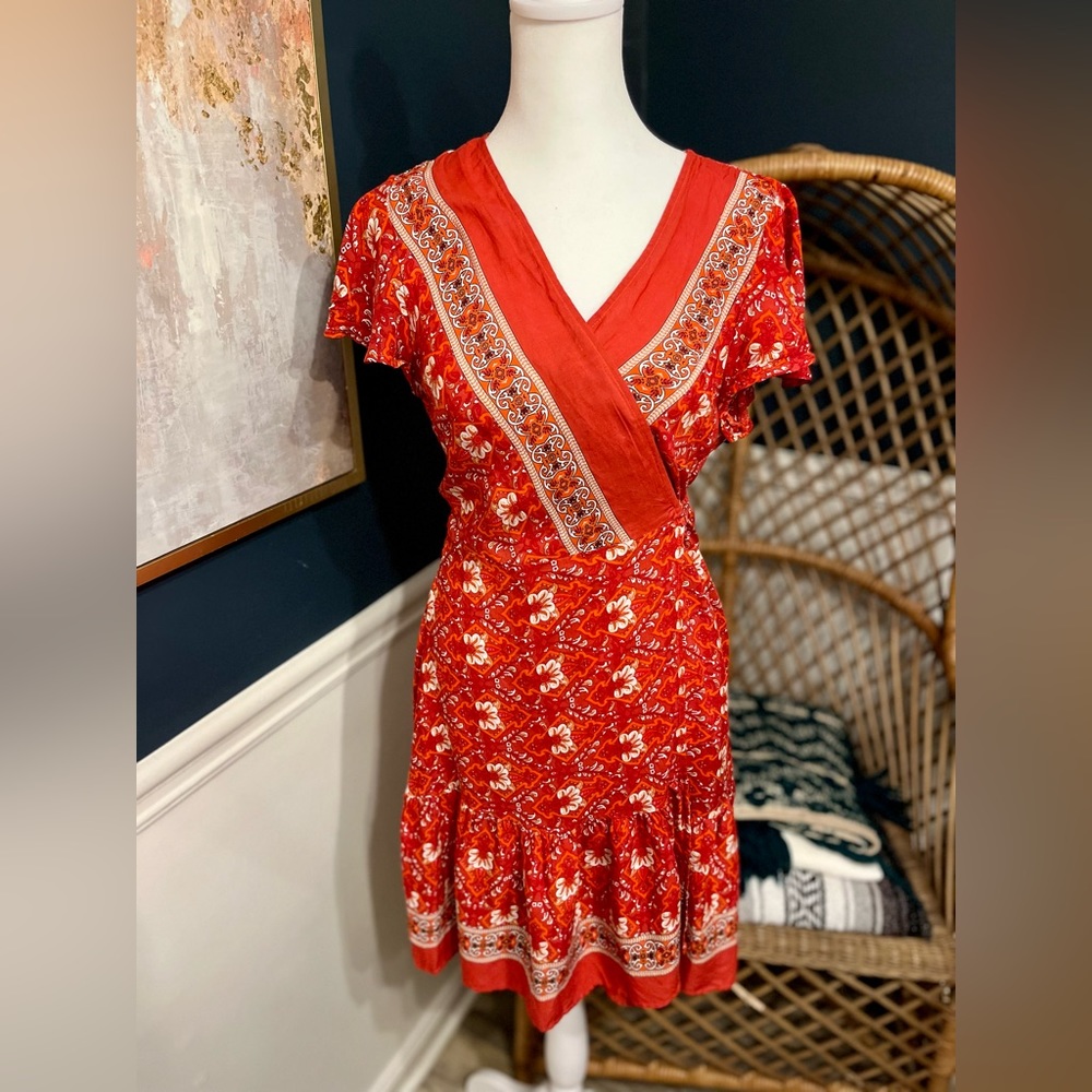 La Ros Red Floral Wrap Dress